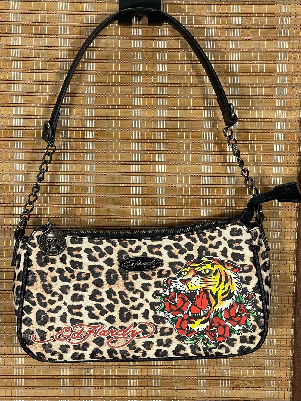 Ed Hardy Leopard Shoulder Bag Tiger & Red Rose Accents, charms & extra strap